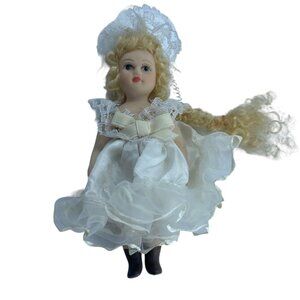 Vintage Victorian Porcelain Doll 5" Long Blonde Hair Layered Dress